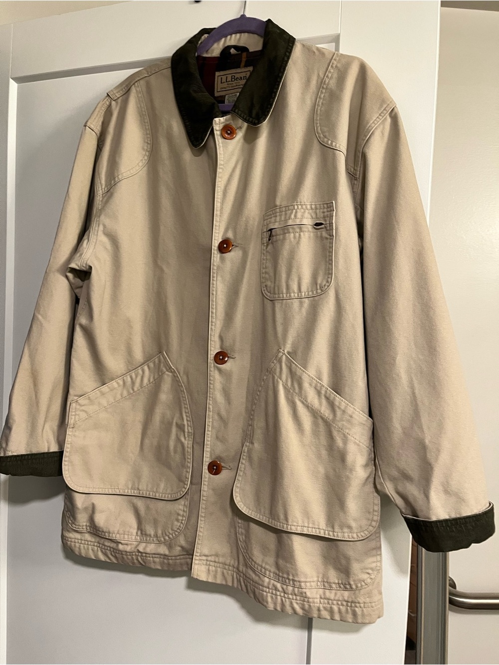 L.L.Bean vintage Beige Canvas Field Jacket with Dark Brown Collar 100% Cotton